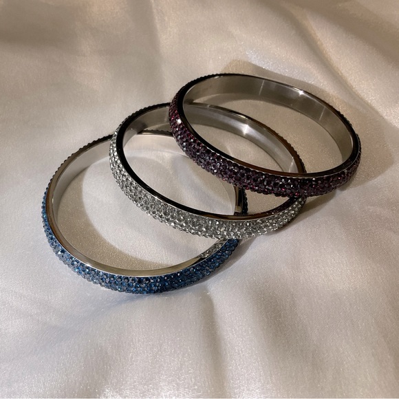 Set of 3 pave crystal stainless steel bangle cuff bracelets - Picture 3 of 13